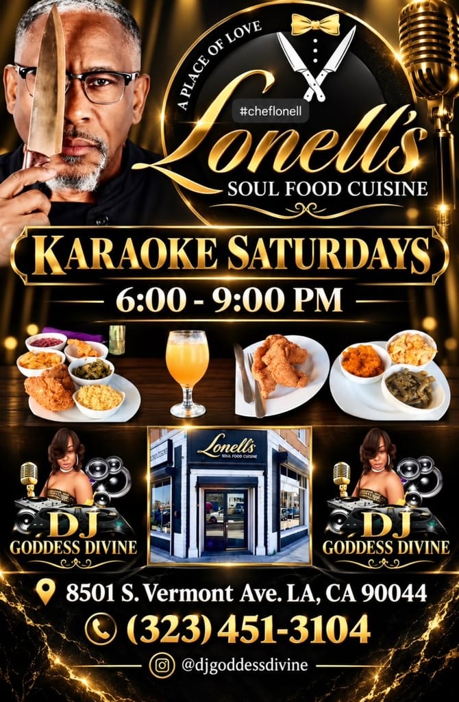 Karaoke Saturdays flyer, 6:00-9:00 PM with DJ Goddess Divine at Lonell's Soul Food Cuisine